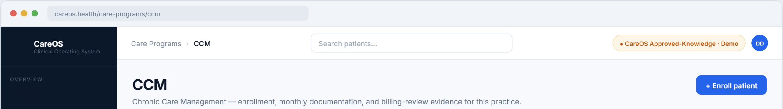 CareOS chronic care management software dashboard with synthetic demo data